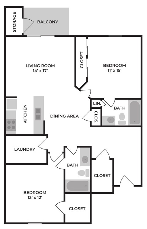 Floor plan for 2 beds, 2 baths, 1104 sqft